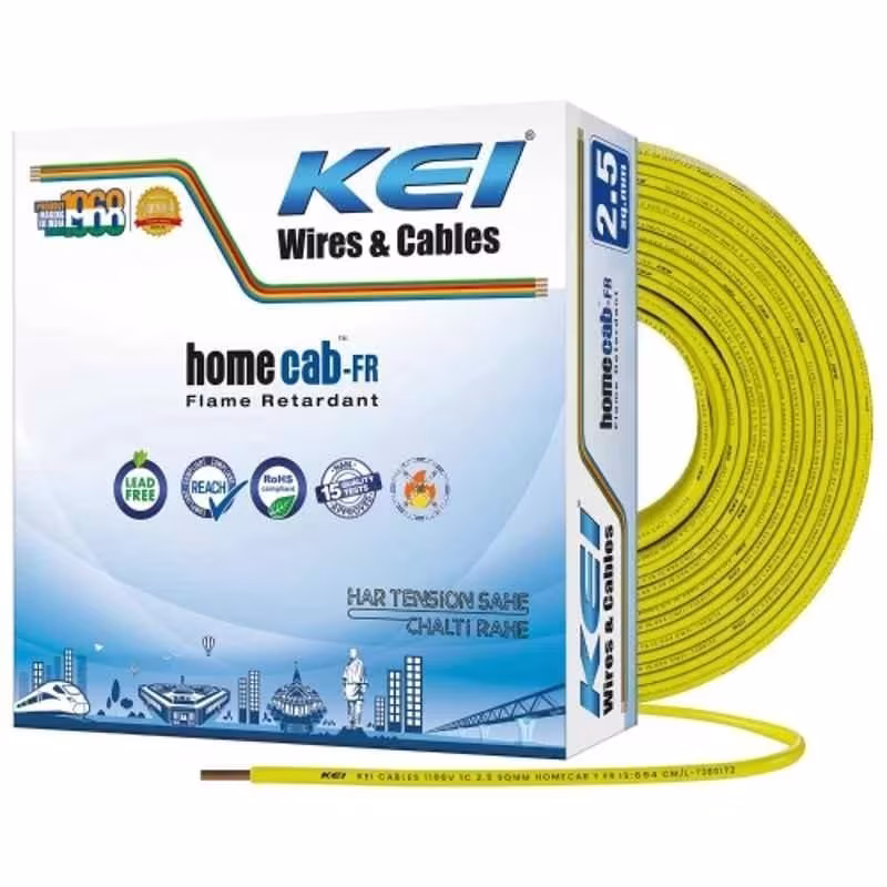 KEI Homecab 2.5 Sqmm 1 Core 99.97% Pure Copper Conductor FR PVC Insulated Cable for Domestic & Commercial Electrical Wiring (Yellow, 90 Meters)