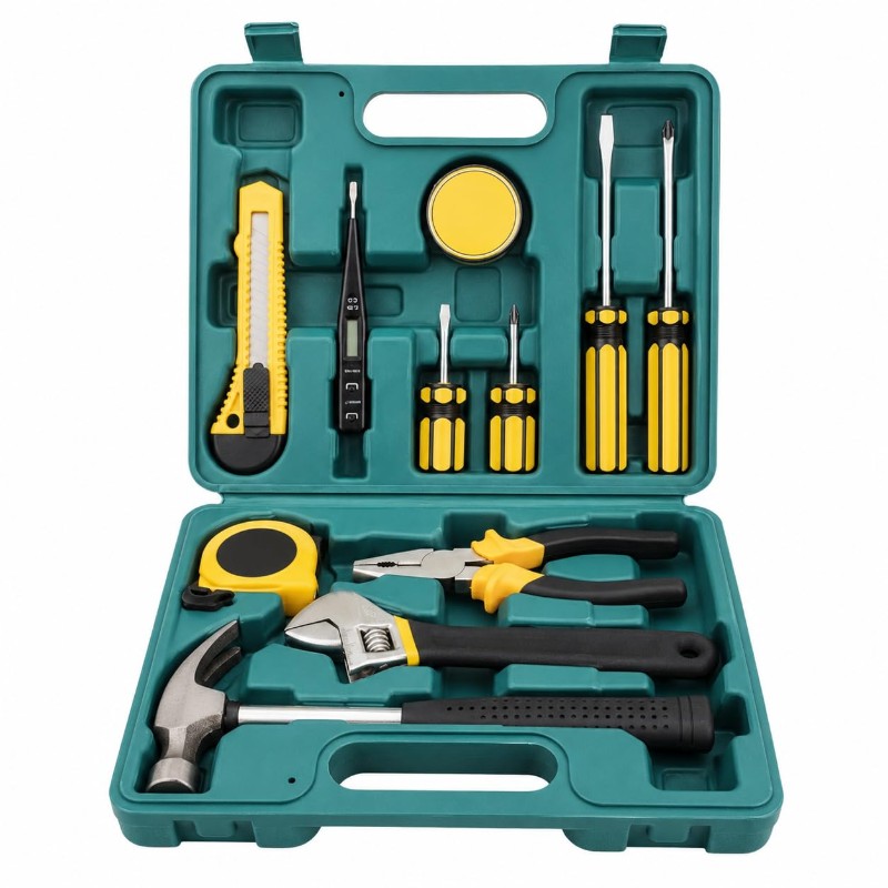Home Repair Hand Tool Kit Set with Carrying Case, 12-Piece Hammer & Pliers, Screwdrivers Included, Tape Measure, Utility Knife, Portable Storage Case