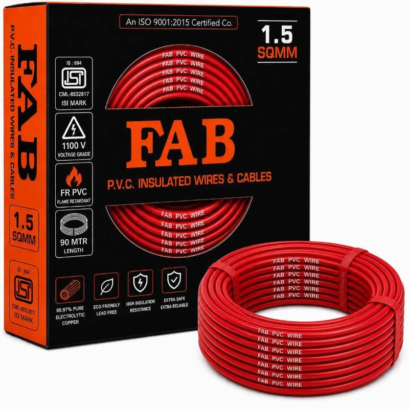 FAB 1.5 Sqmm Single Core Red FR PVC CCS Copper Insulated House Wire, Length: 91 m