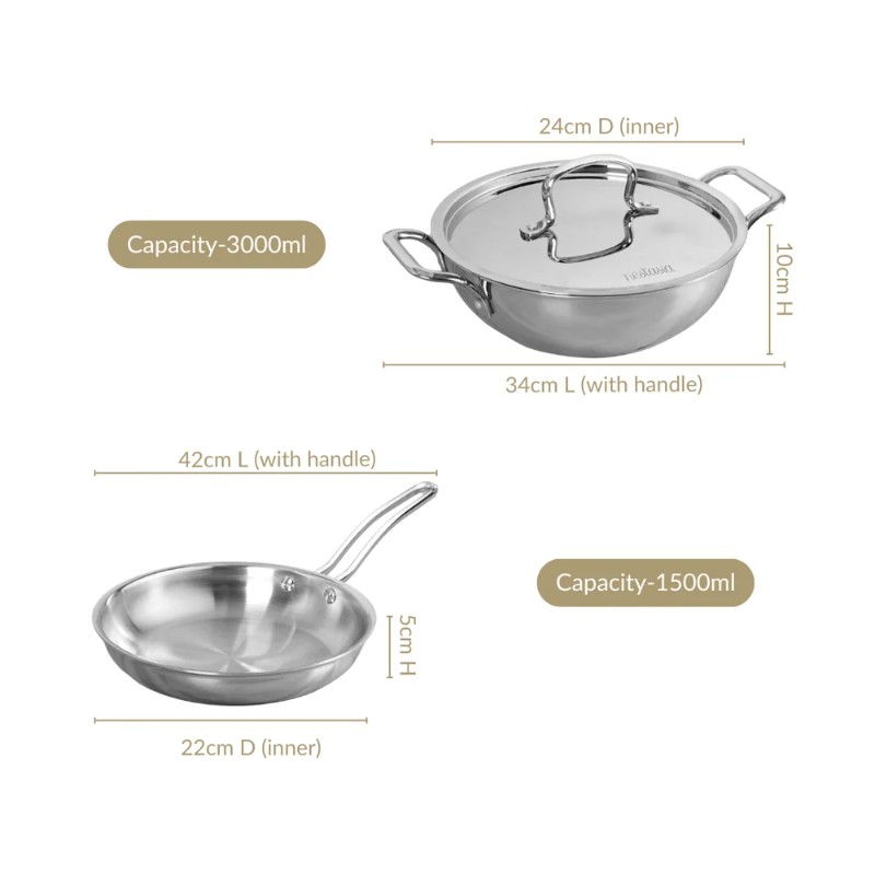 NESTASIA Set Of 2 Triply Stainless Steel Kadai With Lid And Frying Pan