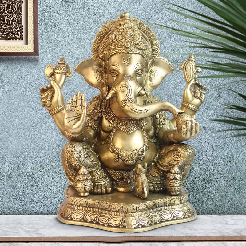 INDUSDUNIA Big Brass Ganesha Idol Mangalkari Sitting Ganesh Bhagwan Large Statue God Ganpati Murti for Home Pooja Entrance Décor Good Luck Vastu Decoration Showpiece 16 Inch