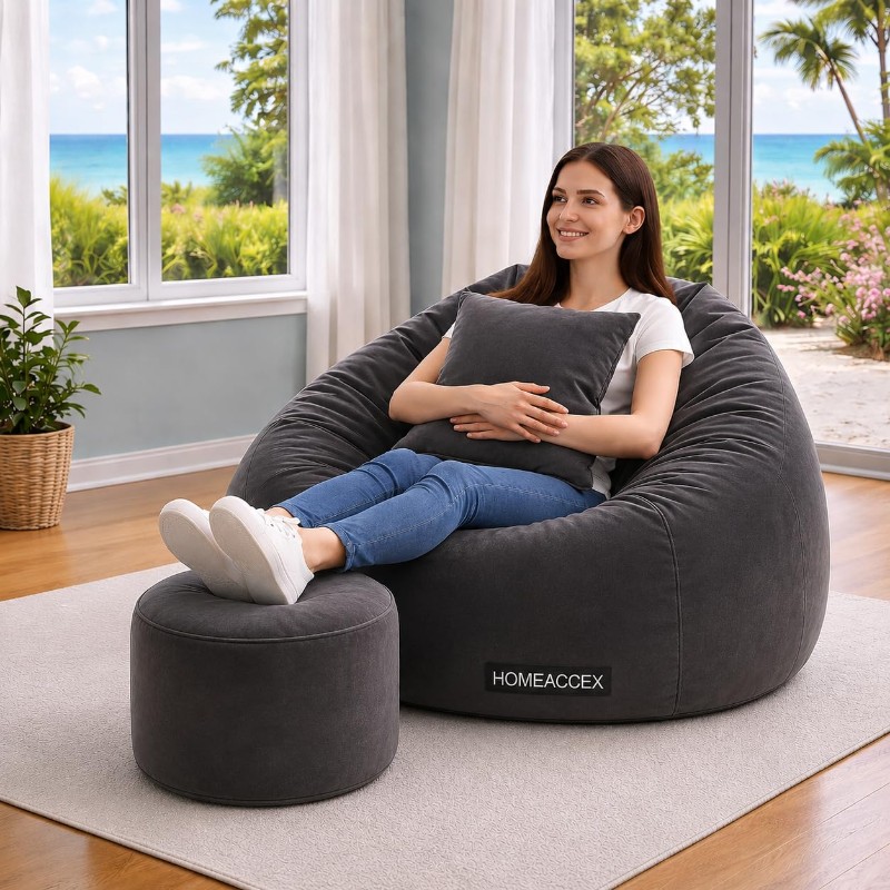 Homeaccex 2XL Velvet Bean Bag Combo with Footrest & Cushion Filled Bean Bag with Beans| Capacity Upto 100Kg, Grey